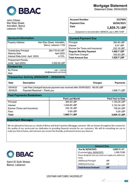 Lebanon Bank of Beirut and Arab Countries (BBAC) mortgage statement Word and PDF template